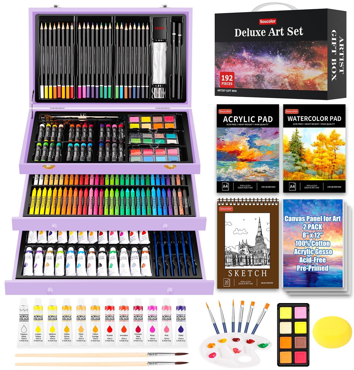 Birthday Gifts, Art Supplies, 192-Pack Deluxe Art Set Drawing Painting Supplies Kit with Acrylic Pad, Watercolor Pad, Sketch Book, Canvases, Acrylic Paint, Crayons, Pencils
